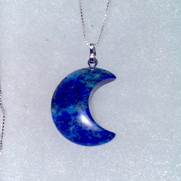Boho hippie Blue Lapis Lazuli Moon 🌙 Sterling Silver Necklace - Picture 3 of 4